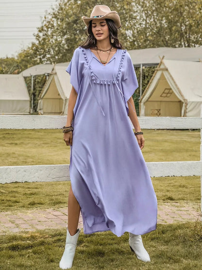 Hazel Blues® |  Side Slit Tie Neck Flutter Sleeve Dress