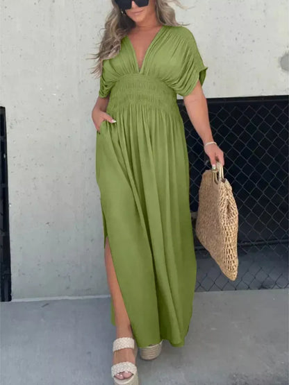 Hazel Blues® | Slit V-Neck Smocked Waist Maxi Dress