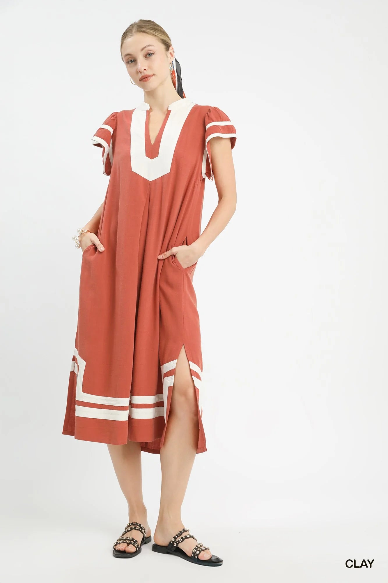 Hazel Blues® |  Umgee Linen Cotton Contrast Neckline Midi Dress