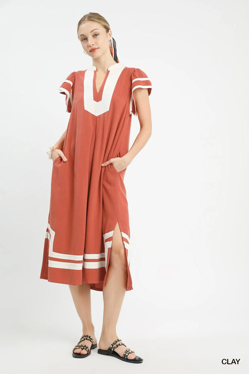 Hazel Blues® |  Umgee Linen Cotton Contrast Neckline Midi Dress