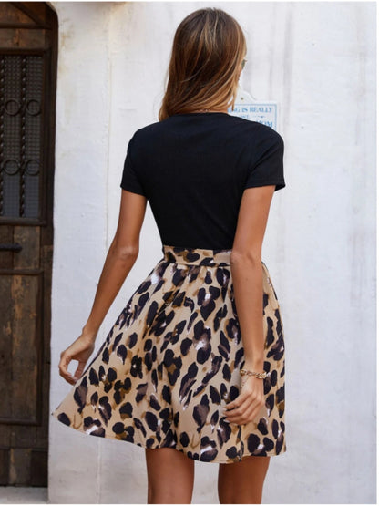Hazel Blues® |  Tied Front Contrast Leopard Short Sleeve Mini Dress