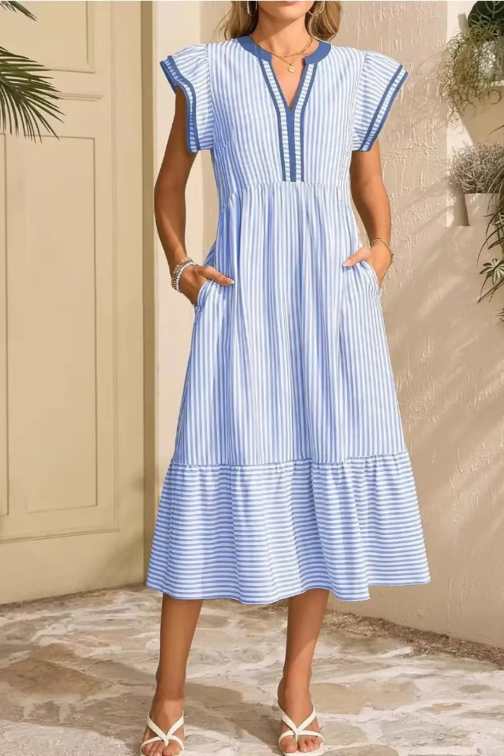 Hazel Blues® |  Striped Ruffle Sleeve Midi Dress