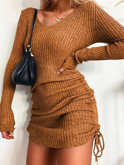 Hazel Blues® | Ribbed Knit Drawstring Bodycon Sweater Dress