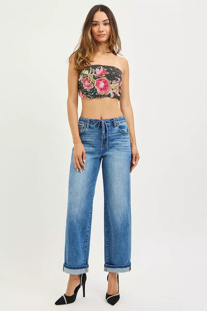Hazel Blues® |  RISEN Elastic Band Slouch Ankle Boyfriend Cuffed Hem Jeans