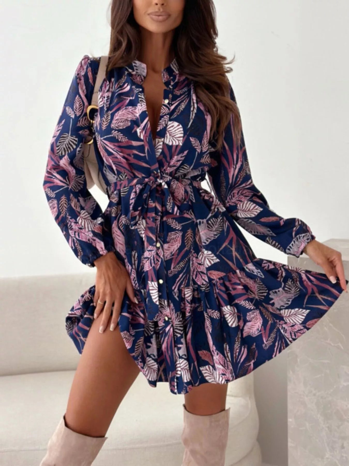 Hazel Blues® |  Floral Print Tie Waist Mini Dress