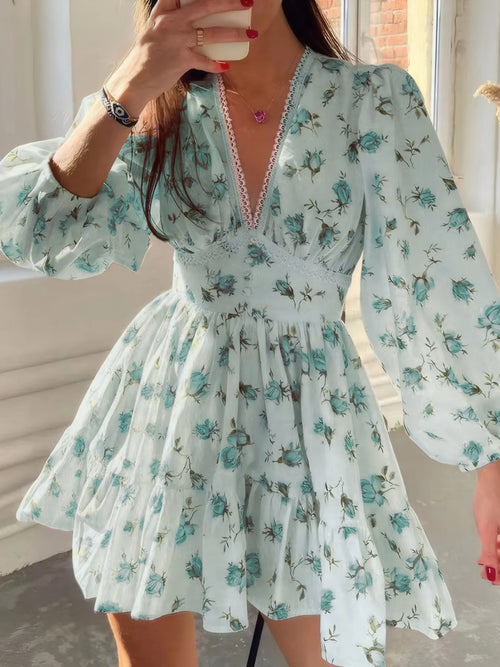 Hazel Blues® |  Floral Print Lace Detail V-Neck Mini Dress Plus SIze