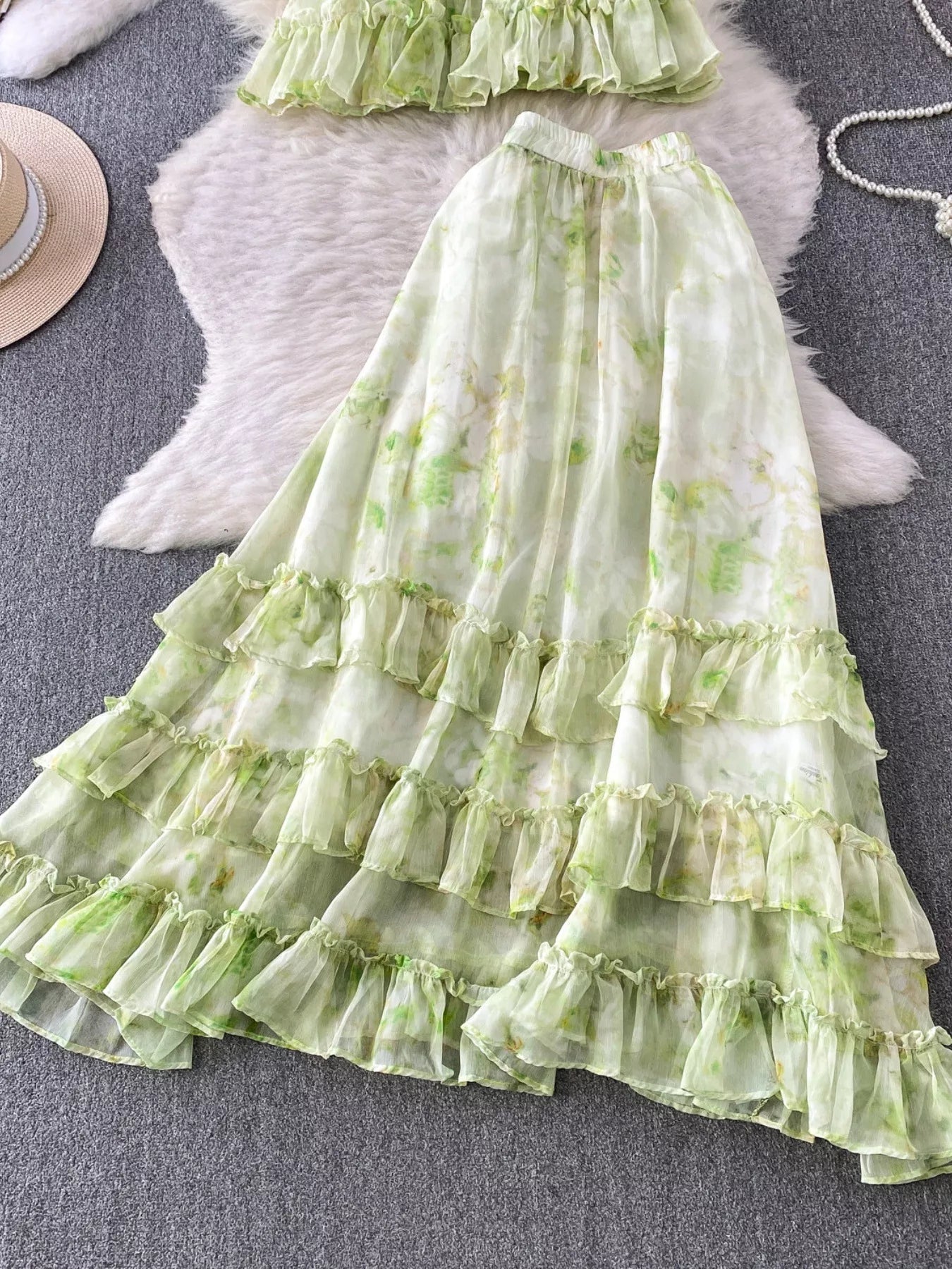 Hazel Blues® |  Floral Print Ruffle Hem Blouse and Skirt Set