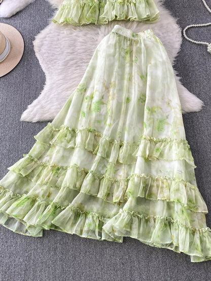 Hazel Blues® |  Floral Print Ruffle Hem Blouse and Skirt Set