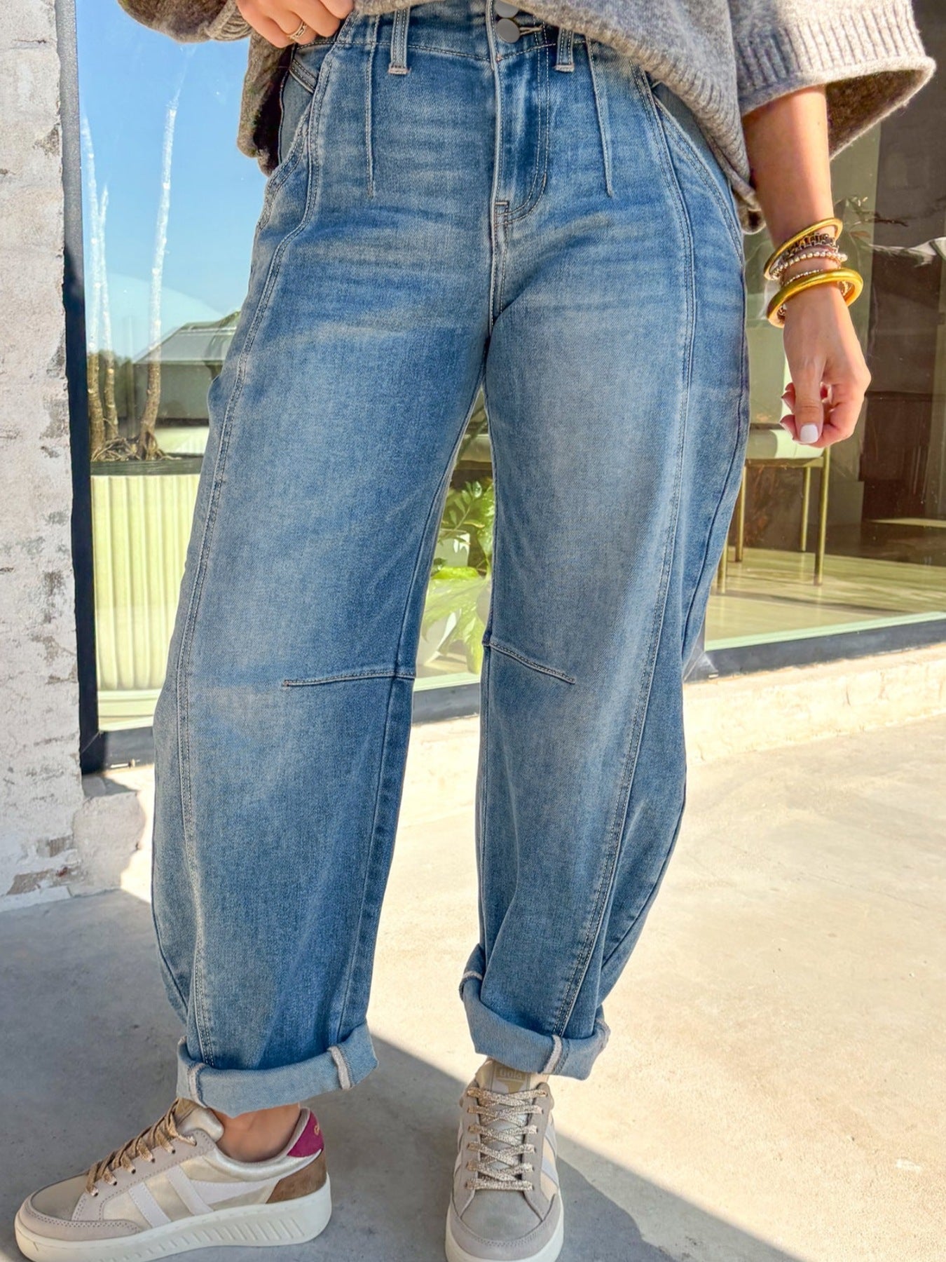 Hazel Blues® |  Washed Cuffed Barrel Jeans