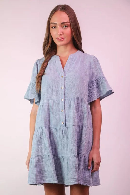 Hazel Blues® |  VERY J Mineral Washed Baby Bell Sleeve Woven Mini Dress