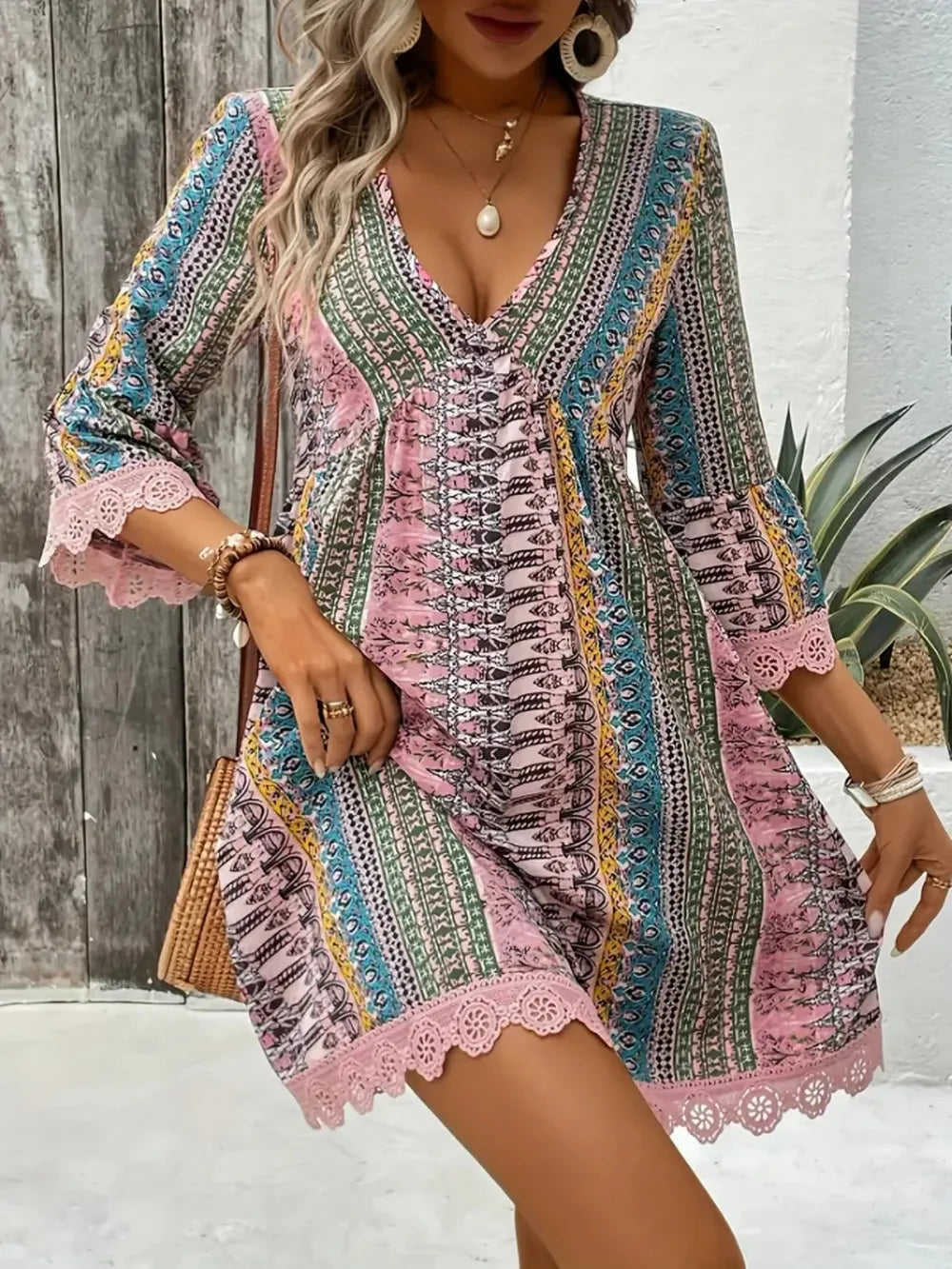 Hazel Blues® |  Lace Trim Printed V-Neck 3/4 Sleeve Dress