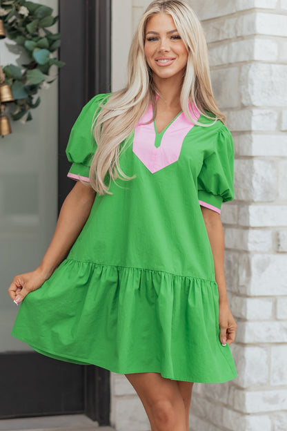 Hazel Blues® |  Bright Green Color Block Detail Split Neck Short Puff Sleeve Ruffle Hem Mini Dress
