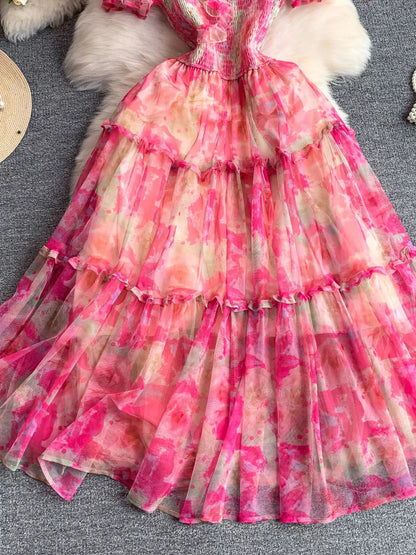 Hazel Blues® |  Smocked Floral Tiered Mesh Midi Dress
