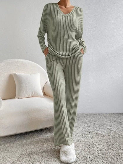 Hazel Blues® |  Ribbed Knit V-Neck Top and Pants Set