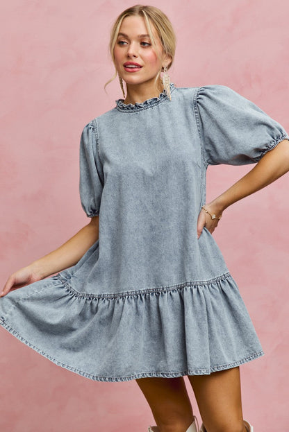 Hazel Blues® |  SO ME Denim Short Sleeves Mini Tiered Dress
