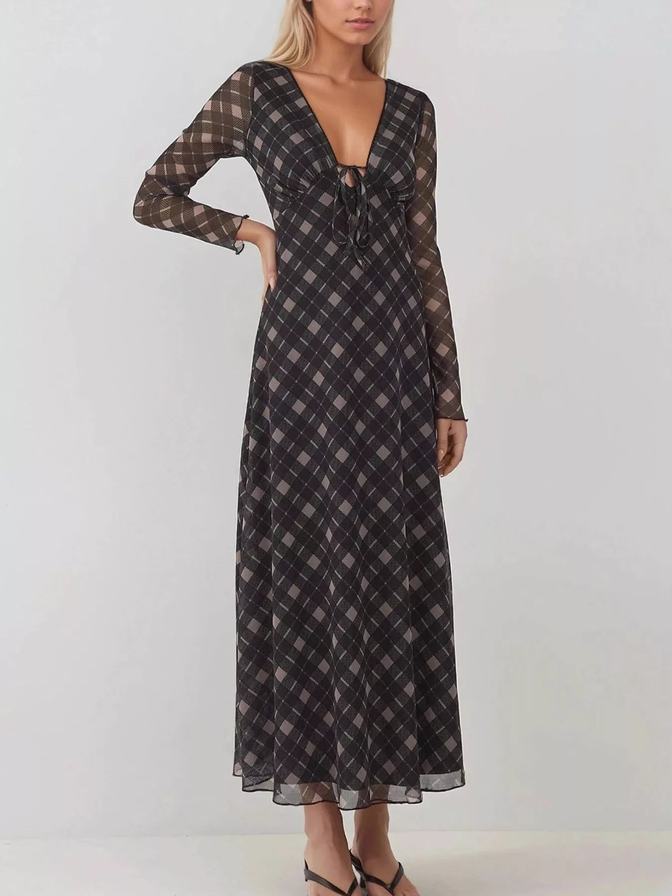 Hazel Blues® |  Tie Front Plaid Long Sleeve Dress