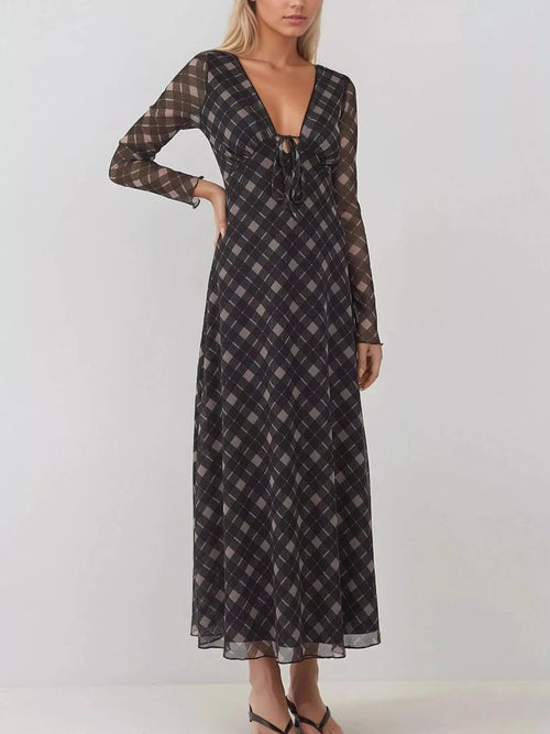 Hazel Blues® |  Tie Front Plaid Long Sleeve Dress
