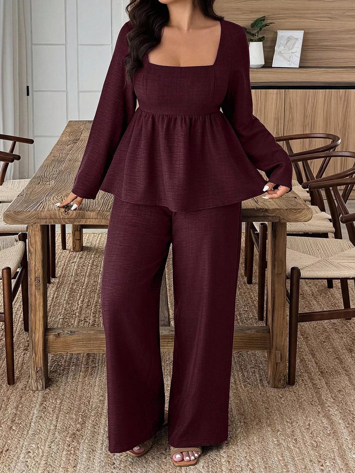 Hazel Blues® | Square Neck Long Sleeve Top and Pants Two-Piece Set