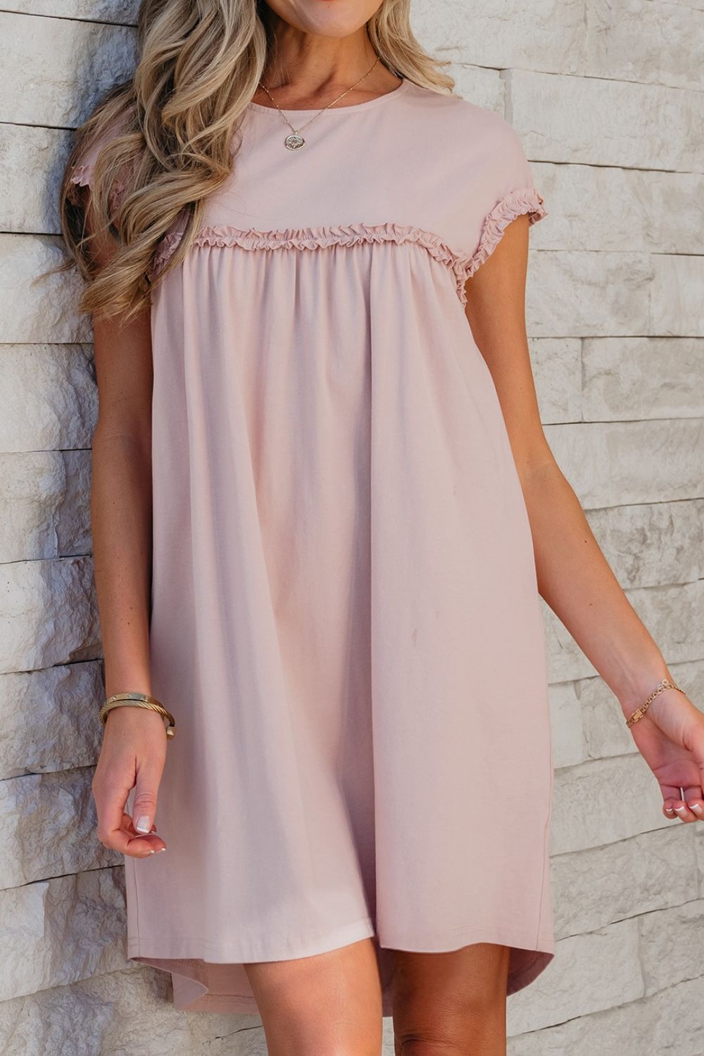 Hazel Blues® |  Frilled Trim Crew Neck Cap Sleeve Loose Fit Mini Dress