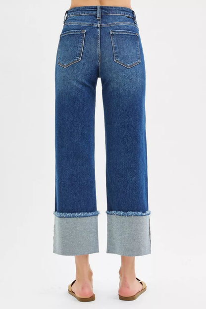 Hazel Blues® | RISEN Mid Rise Crop Wide Wide Cuffed Jeans