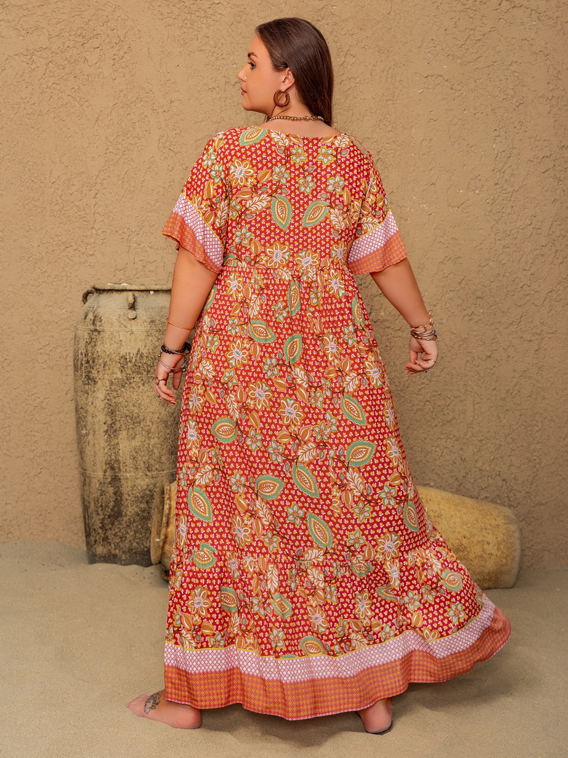 Hazel Blues® | Printed Tie Neck Flutter Sleeve Maxi Dress