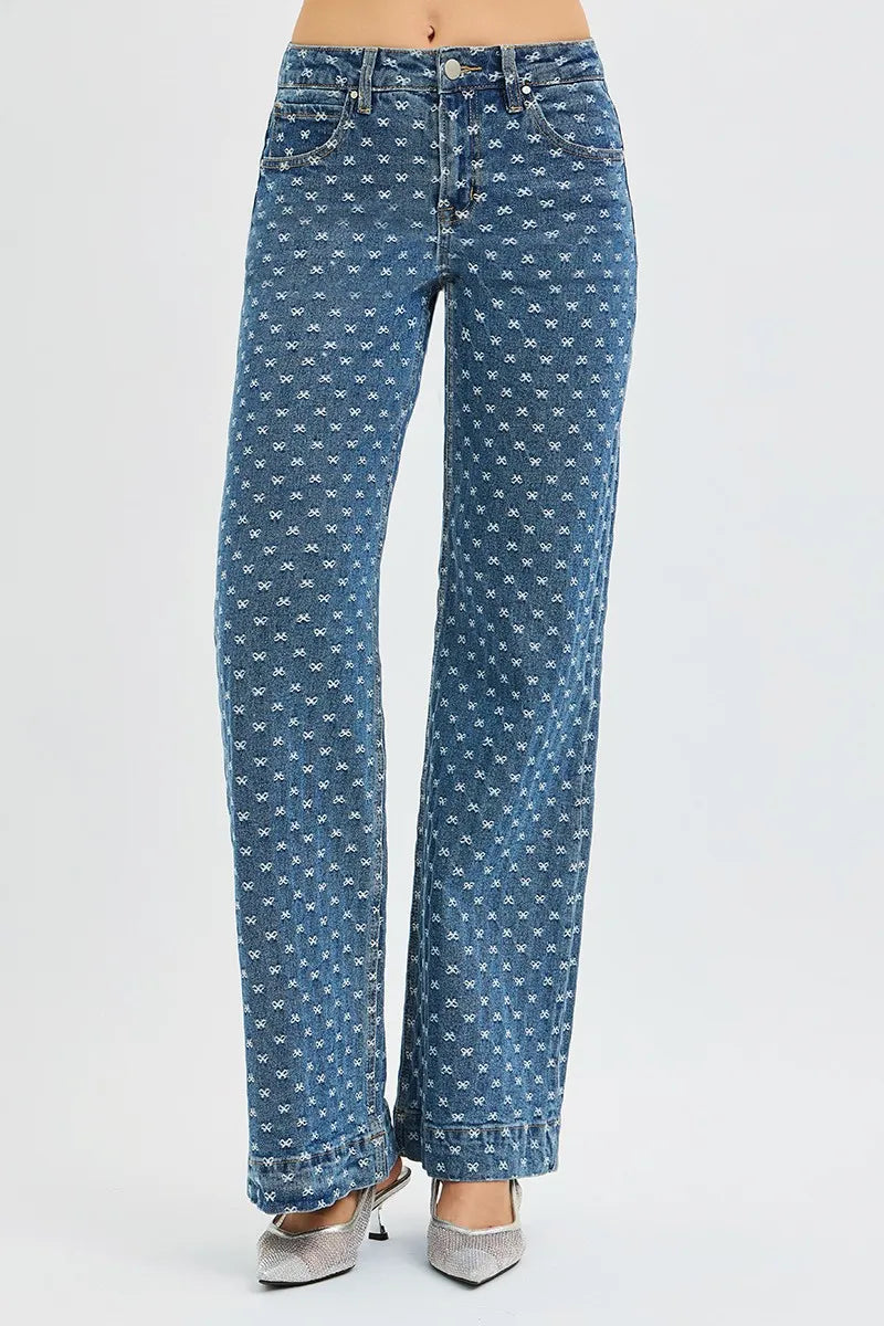 Hazel Blues® |  RISEN High Rise Wide Leg Bow Embroidered Jeans