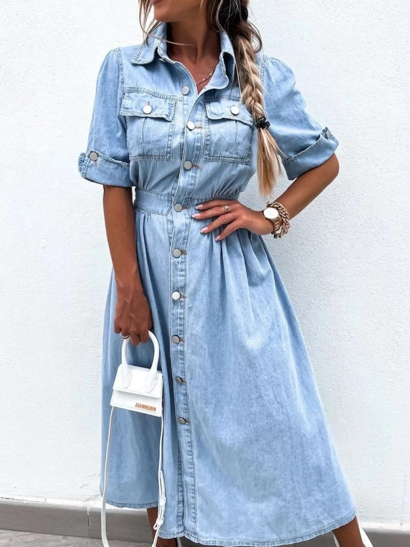 Hazel Blues® | Button Down Roll-Up Sleeve Denim Shirt Dress