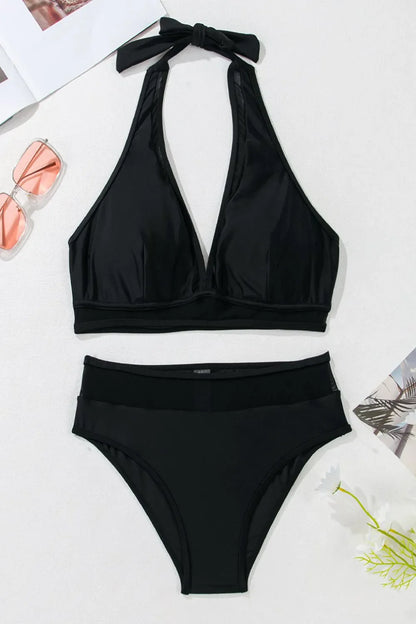 Hazel Blues® | Sheer Mesh Edged Halter V Neck Push Up Bikini Set