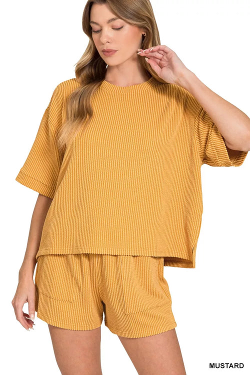 Hazel Blues® |  Zenana Raised Rib Short Sleeve Tee and Drawstring Shorts Set