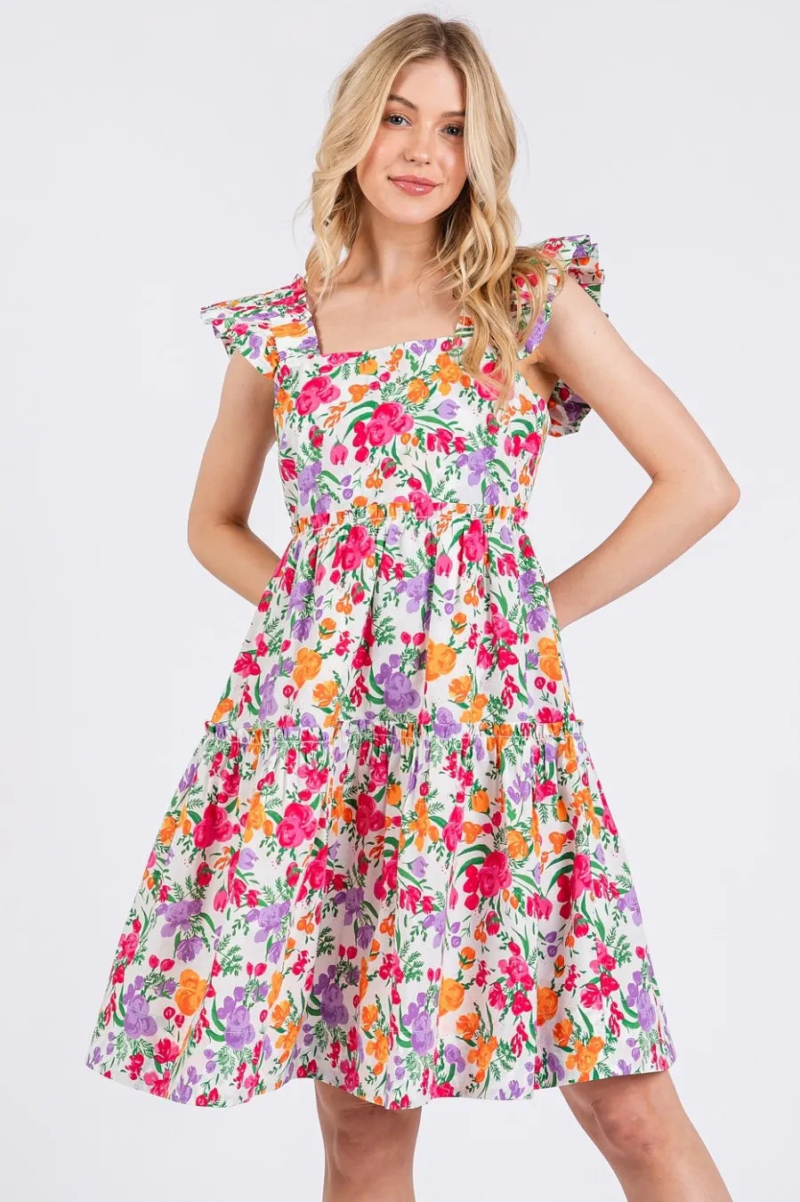 Hazel Blues® |  Mittoshop Flower Print Ruffle Shoulder A-line Mini Dress