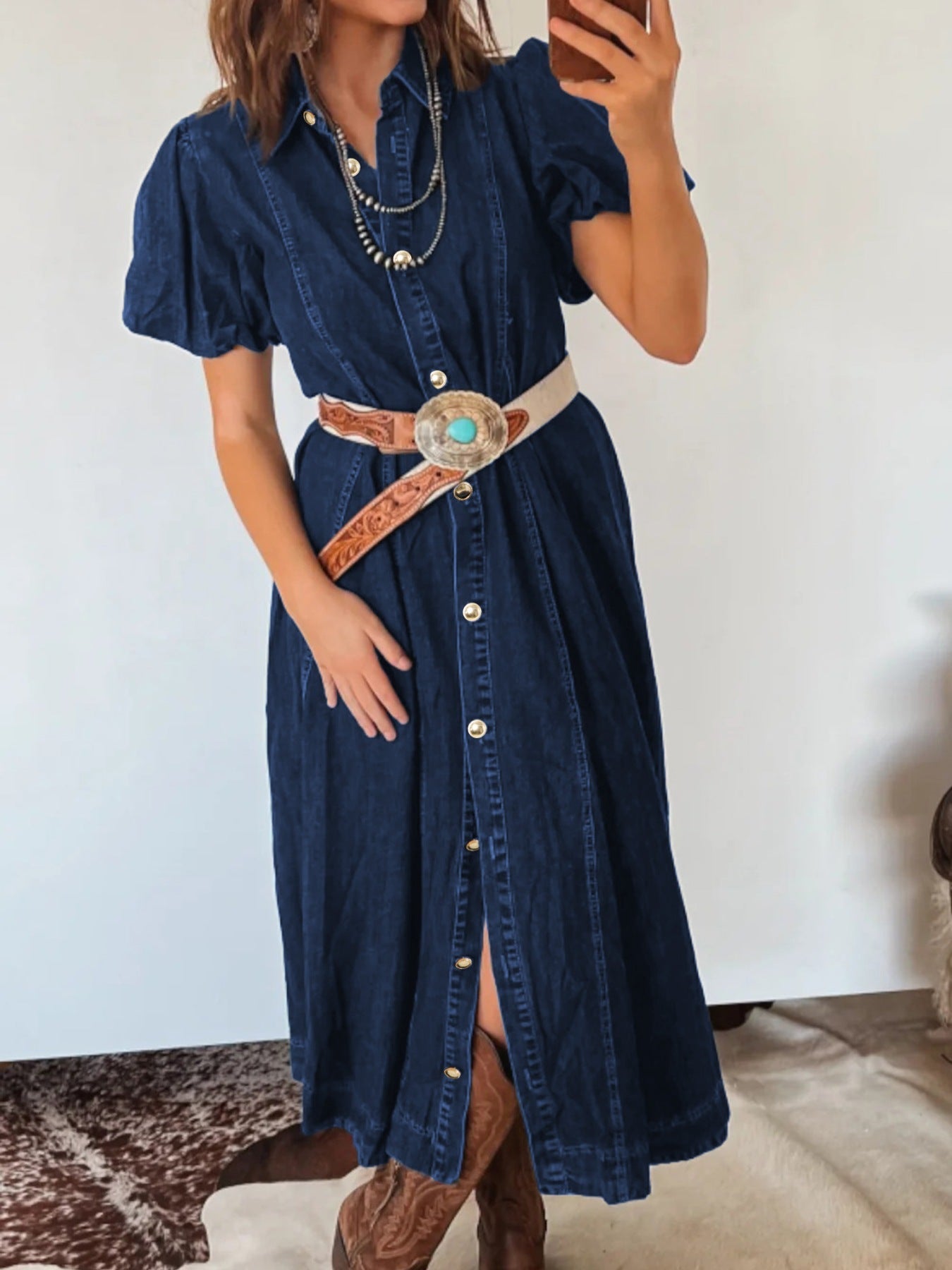 Hazel Blues® |  Belted Button-Down Midi Denim Dress