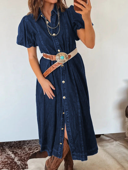 Hazel Blues® |  Belted Button-Down Midi Denim Dress