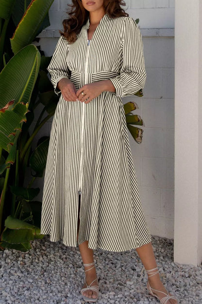 Hazel Blues® |  Stripe V Neck Zip Front Cinched High Waist Midi Dress