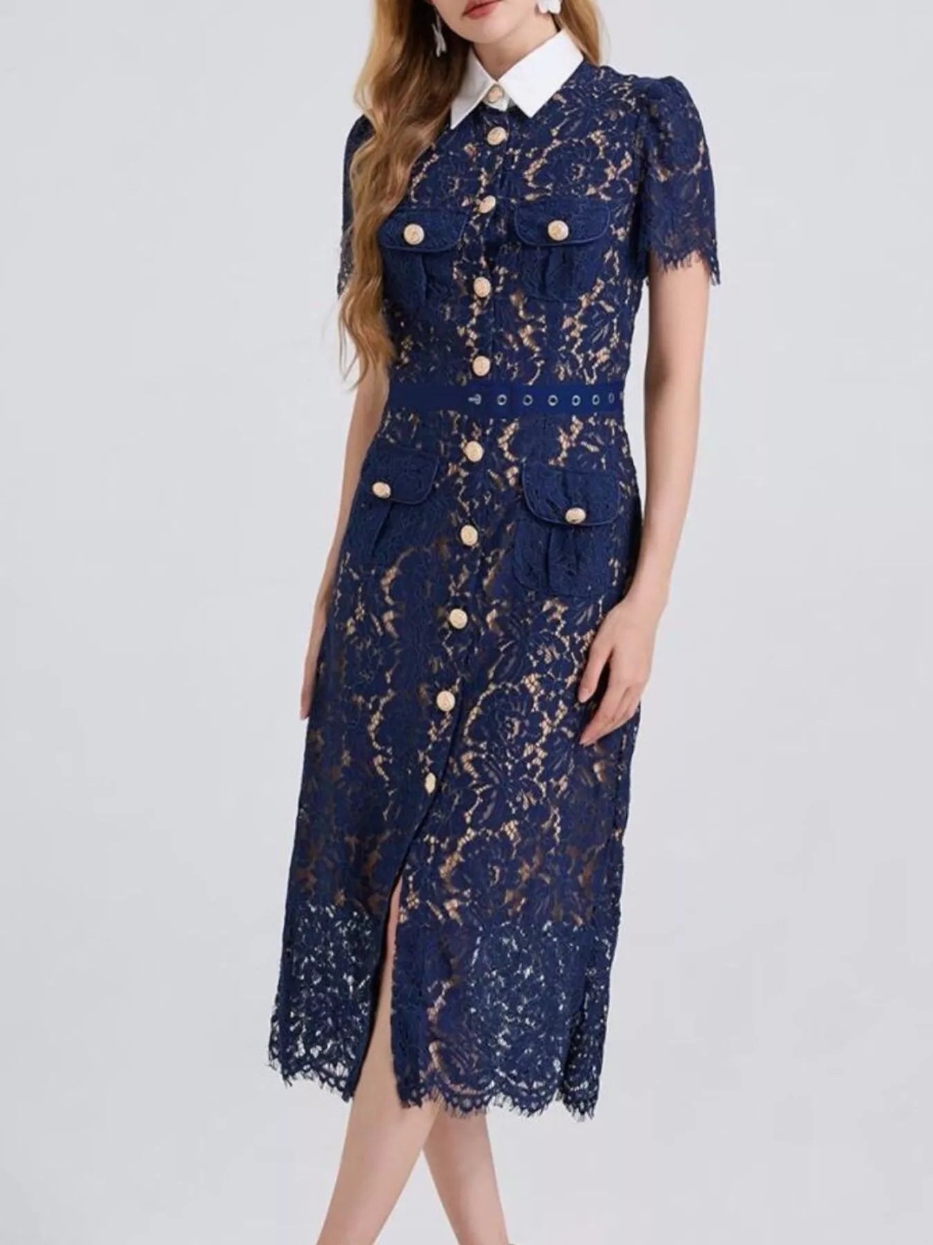Hazel Blues® |  Lace Button-Down Midi Dress