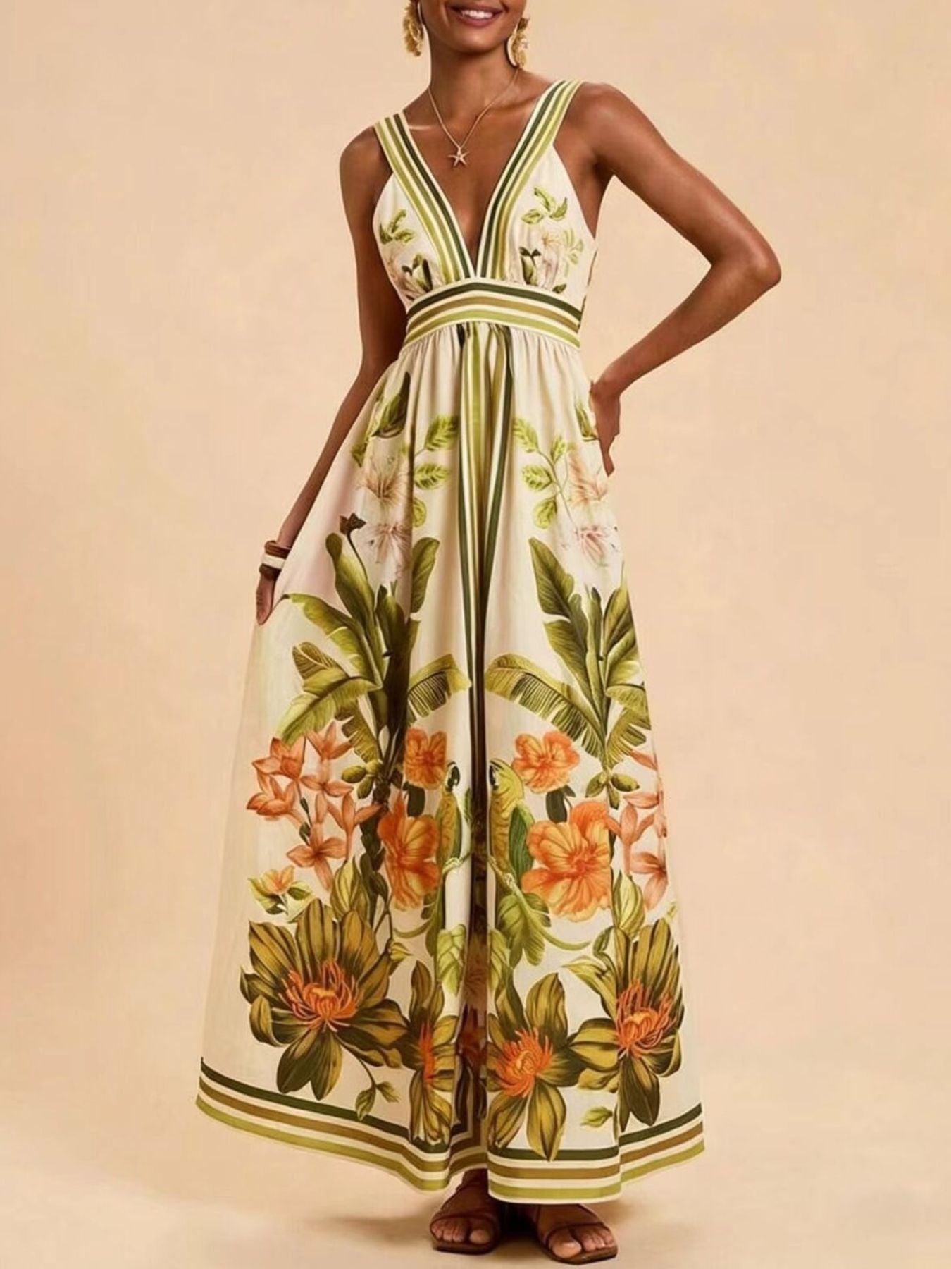 Hazel Blues® |  Tropical Print V-Neck Maxi Dress