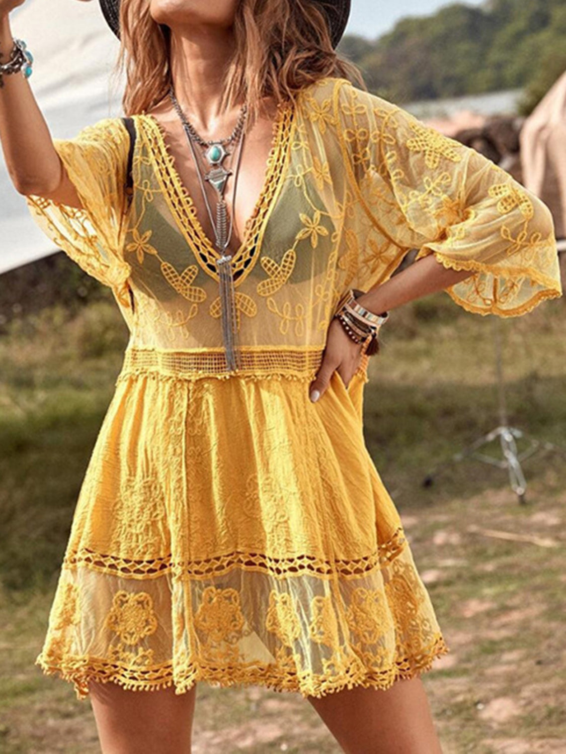 Hazel Blues® | Lace Detail Plunge Cover-Up Dress