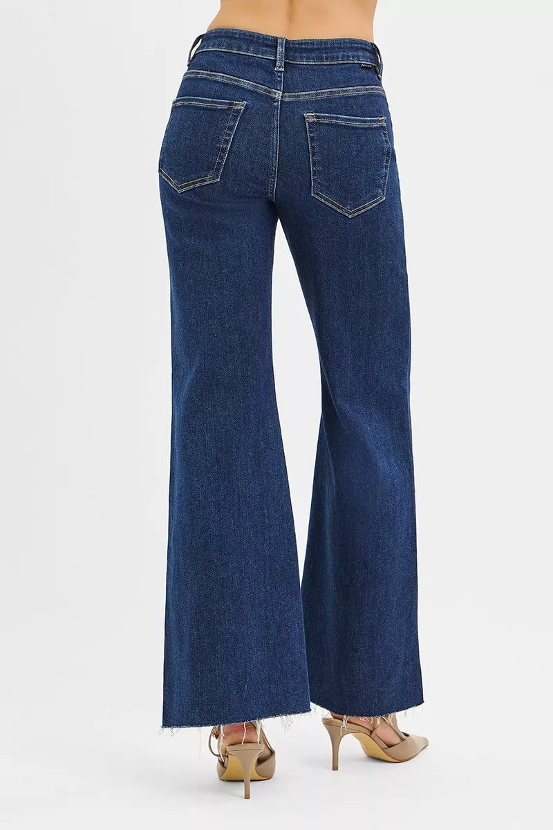 Hazel Blues® |  RISEN High Rise Wide Flare Jeans with Front Leather Pocket Detail