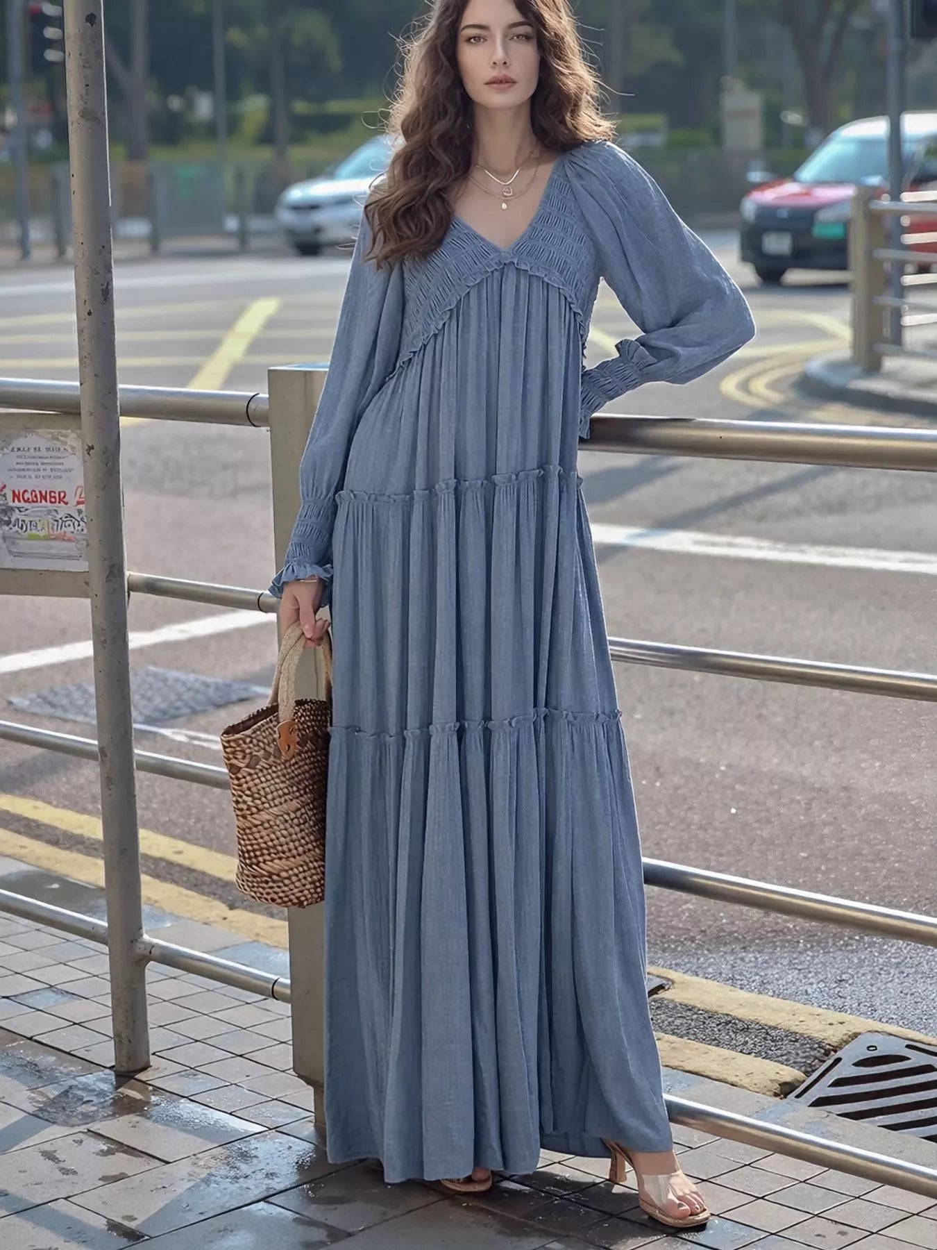 Hazel Blues® |  V-Neck Long Sleeve Tiered Maxi Dress