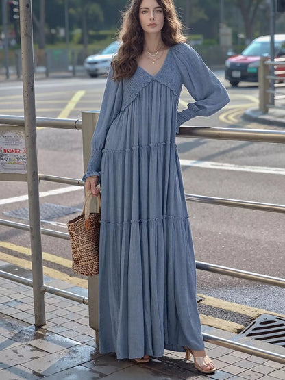 Hazel Blues® |  V-Neck Long Sleeve Tiered Maxi Dress
