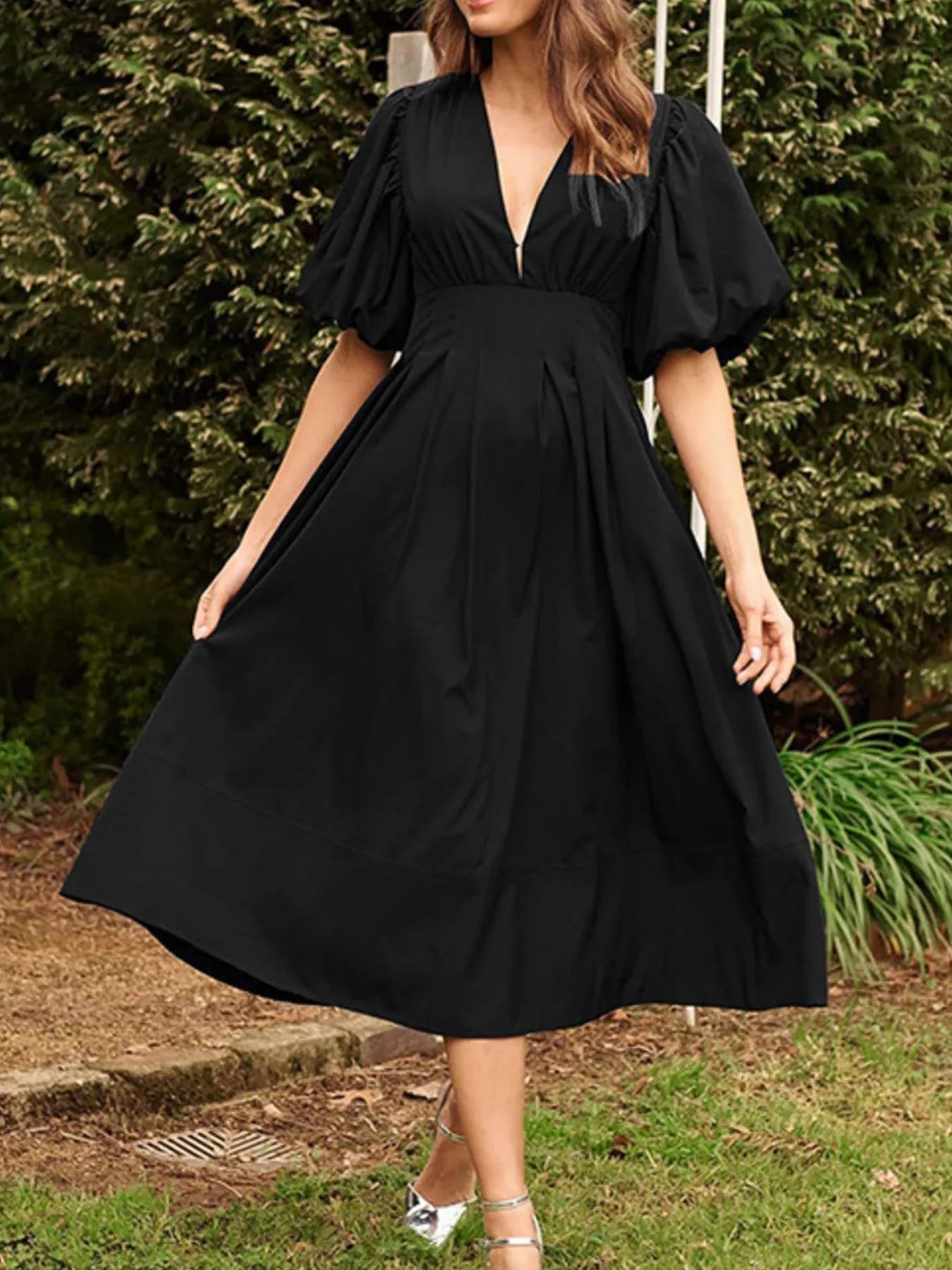 Hazel Blues® |  V-Neck Puff Sleeve Midi Dress