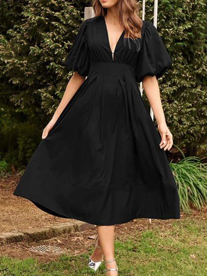 Hazel Blues® |  V-Neck Puff Sleeve Midi Dress