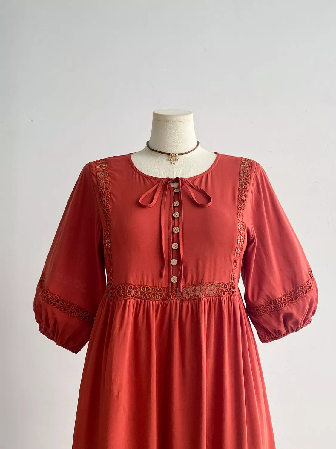 Hazel Blues® | Tie Neck Puff Sleeve Midi Dress with Lace Trim