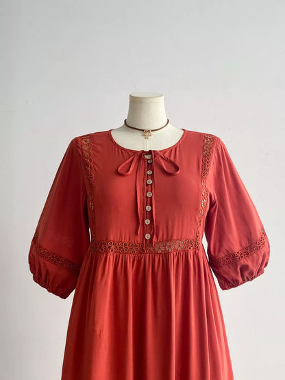Hazel Blues® | Tie Neck Puff Sleeve Midi Dress with Lace Trim