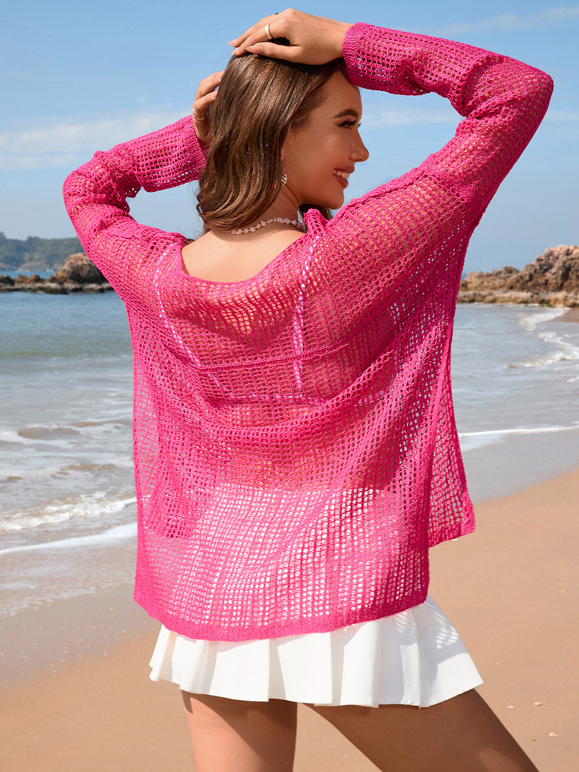 Hazel Blues® | Openwork Slit Boat Neck Long Sleeve Cover-Up