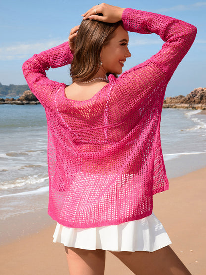 Hazel Blues® | Openwork Slit Boat Neck Long Sleeve Cover-Up