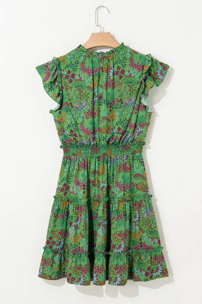 Hazel Blues® |  Floral Tie Split Neck Frilly Ruffle Trim Tiered Short Dress