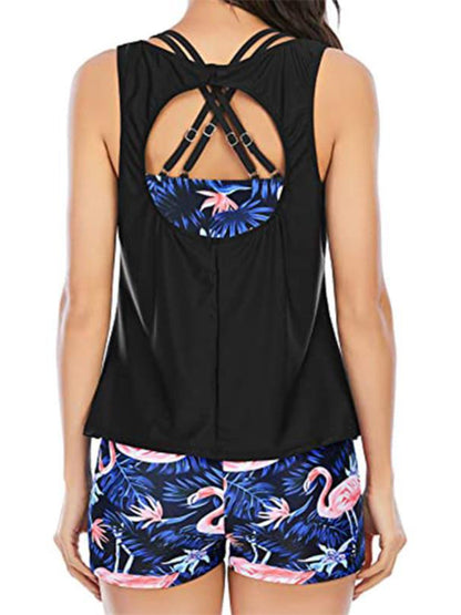 Hazel Blues® | Cutout Printed Round Neck Three-Piece Swim Set