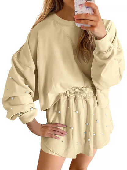 Hazel Blues® |  Pearl Embellished Round Neck Top and Skort Set