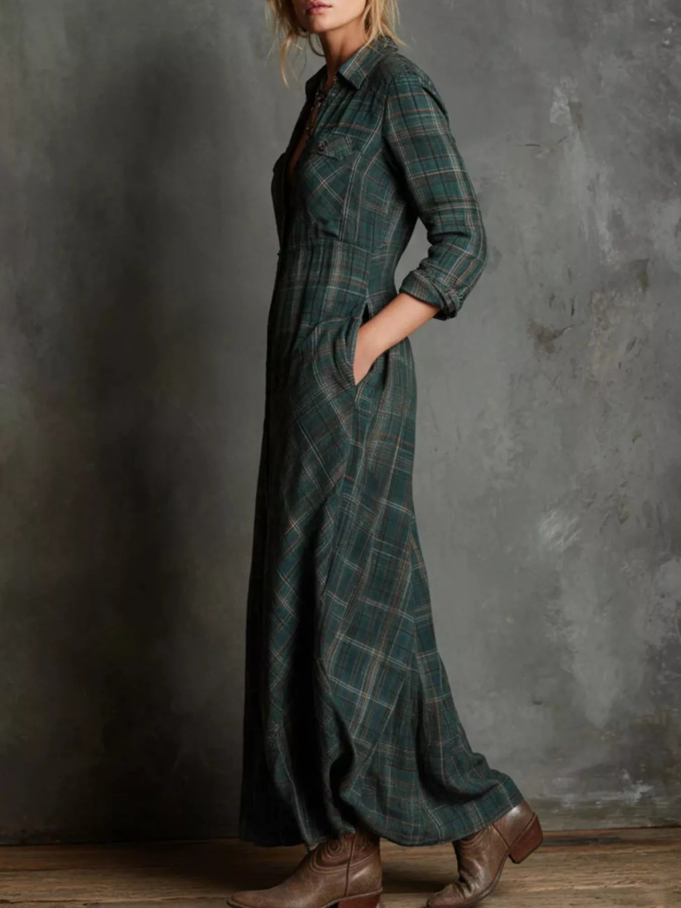 Hazel Blues® | Plaid Button-Down Maxi Dress