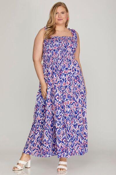 Hazel Blues® | She + Sky Smocked Printed Wide Strap Tiered Dress
